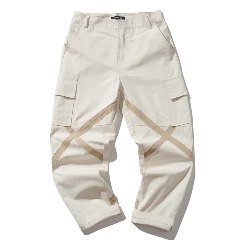 Men's Overalls 2019 Spring New Loose Straight Pocket Decorative Pants Personality Casual Pants Youth Men's Urban Style Trend