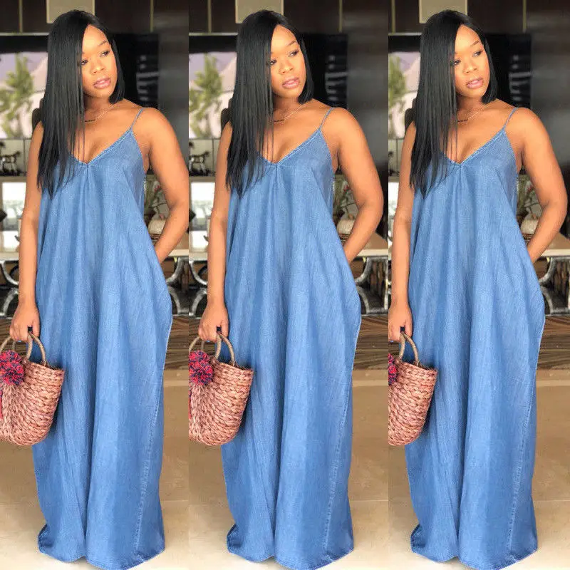 

Brand New Fashion Women Sleeveless Summer Denim Solid Dress V Neck Sexy Summer Beach Casual Loose Long Dress Sundress