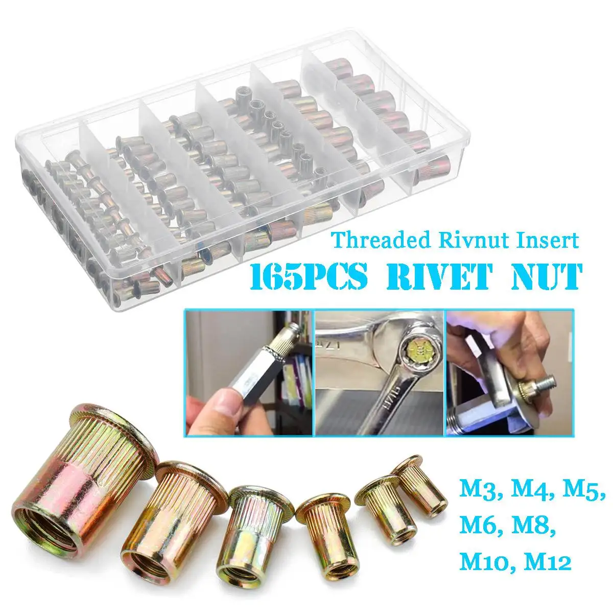 

MTGATHER 165pcs Mixed Zinc Plated Carbon Steel Rivet Nut Kit Tools Set M3/4/5/6/8/10/12 Boxed Suit