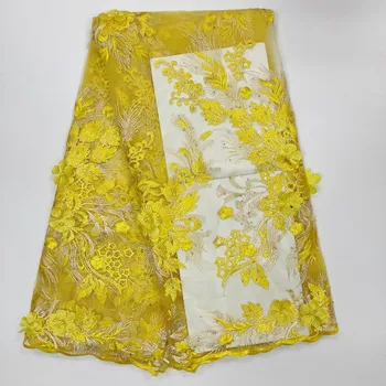 

French Lace Fabric For Wedding High Quality African Tulle Lace Fabric 5Yard 3D Flowers Embroidered Tulle Lace Fabric Yellow