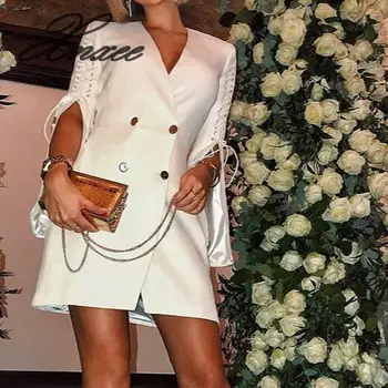 

Sexy V neck lace up white blazer dress women Elegant split short mini dress Office lady blazer dresses chic vestidos