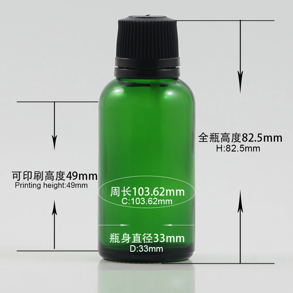 Зеленая стеклянная бутылка 1 0z эфирное масло для макияжа бутылка-капельница с черной винтовой крышкой и стоппером