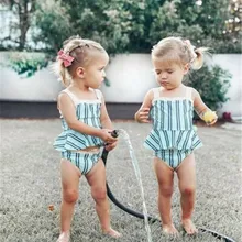 Купальник-танкини в полоску для маленьких девочек, купальный костюм, купальный костюм из двух предметов, бикини