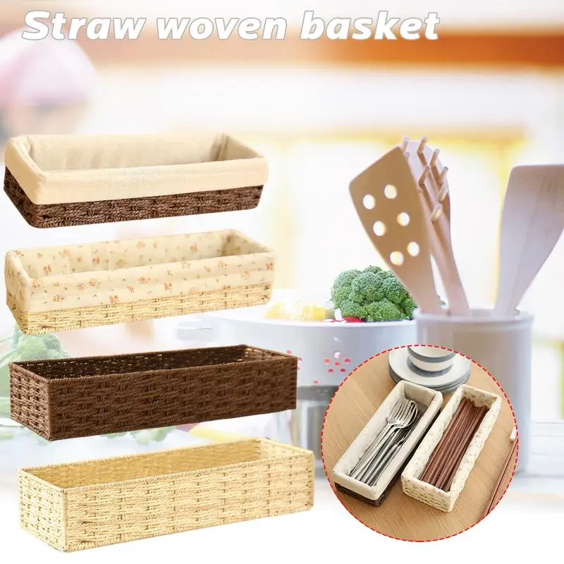 

Straw Tableware Storage Box Anti-Moisture Make Up Organizer Hand-Knitted Kitchen Sundries Storage Basket Durable Stylish