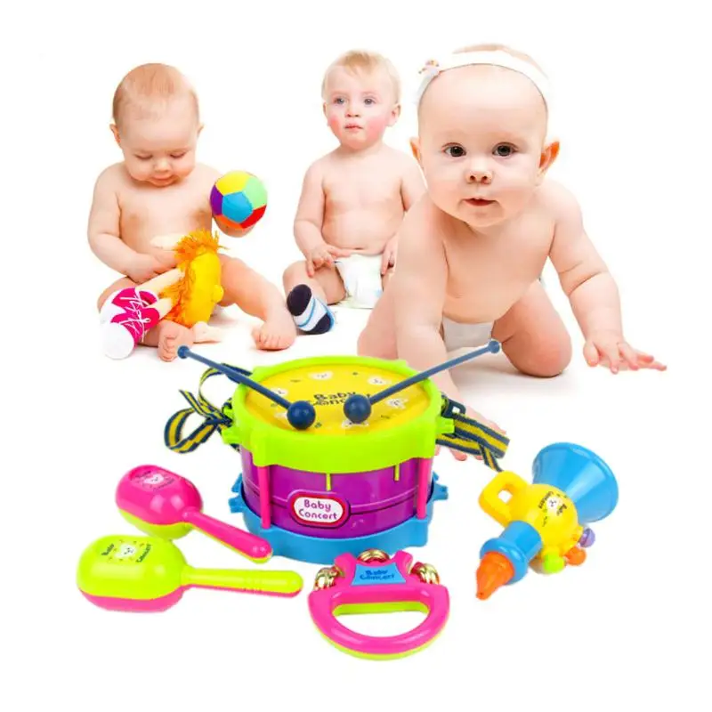 

2019 New 5pcs colors Kids Roll Drum Musical Instruments Band Sand hammer Cartoon drum Kit Children Toy Gift Set lightweight safe