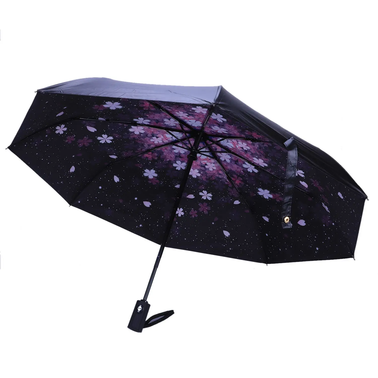 

Cherry Blossom Automatic Umbrella Female Parasol Black Coating Sun and Rain Umbrella Women 210T Fabric Three-Folding #A