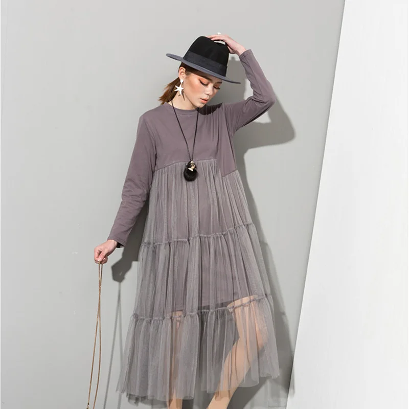 LANMREM весенне-летнее модное серое Сетчатое лоскутное женское платье с круглым вырезом и длинными рукавами, универсальная одежда AS3362