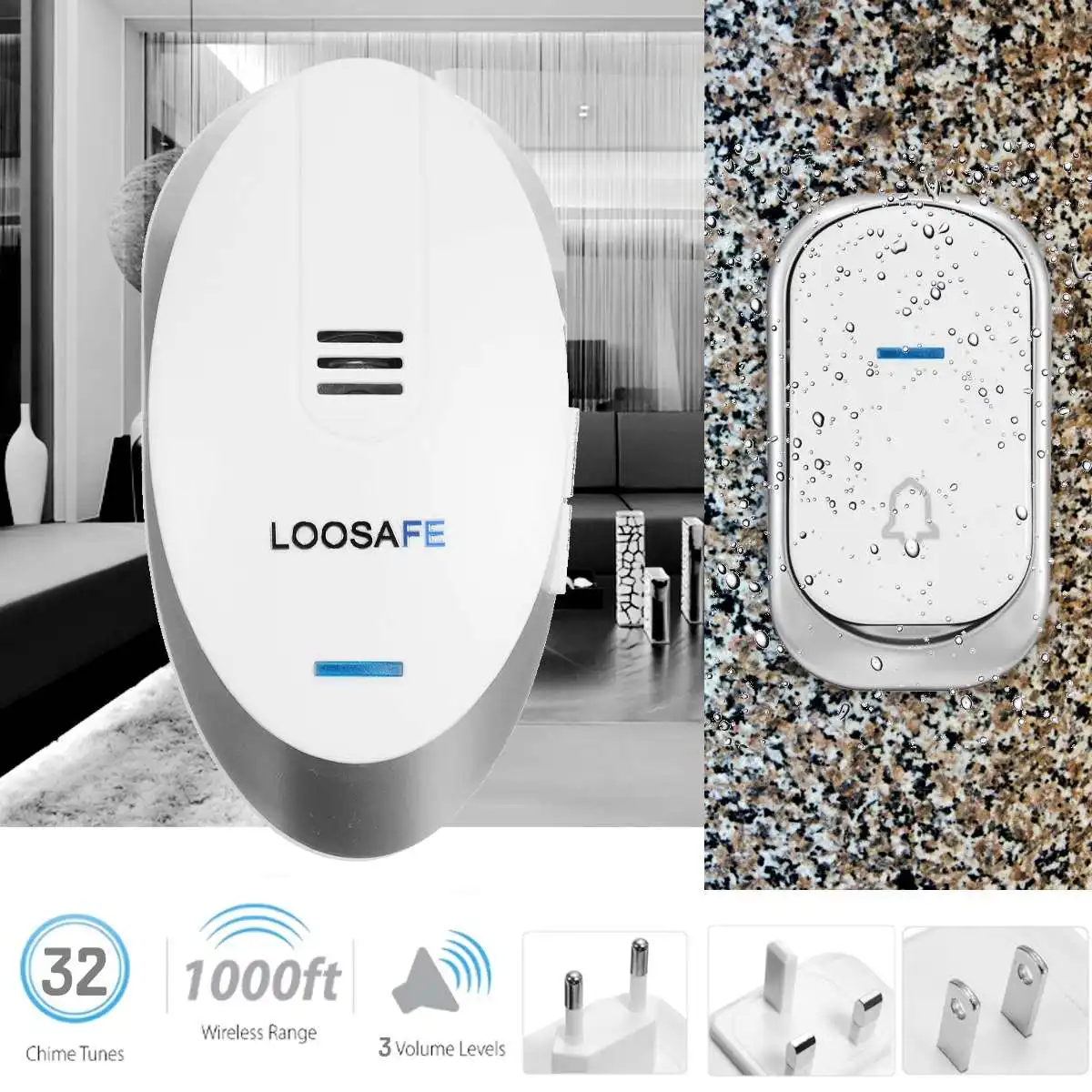 

Waterproof Wireless Music Doorbell 1 Receiver+1 Transmitter Chimes Plug-in Door Bell Kit 32 Song