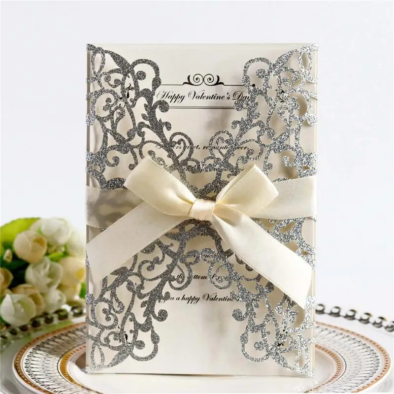  10PCS Bowknot Lace Laser Cut Greeting card Wedding invitations Kit White Pocket Cards Blank Print p - 32990022881