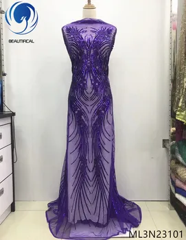 

BEAUTIFICAL 2019 luxury sequins lace fabrics africa sequins lace fabric high quality purple color with free shipping ML3N231
