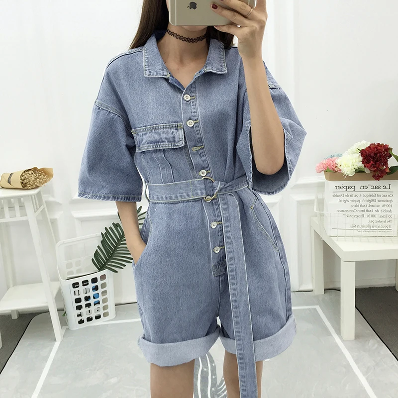 

Random Belt sexy bodycon short denim jumpsuit jean Women blue summer casual playsuit Female elegant party club overalls romper