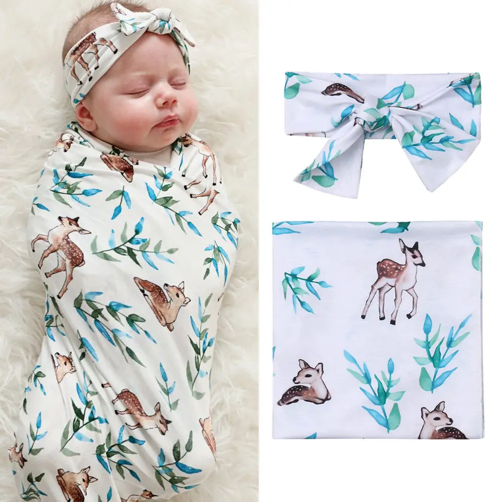 

2Pcs Newborn Baby Swaddle Blanket Sleeping Swaddle Muslin Wrap+Headband 80X80CM 2019 Newest