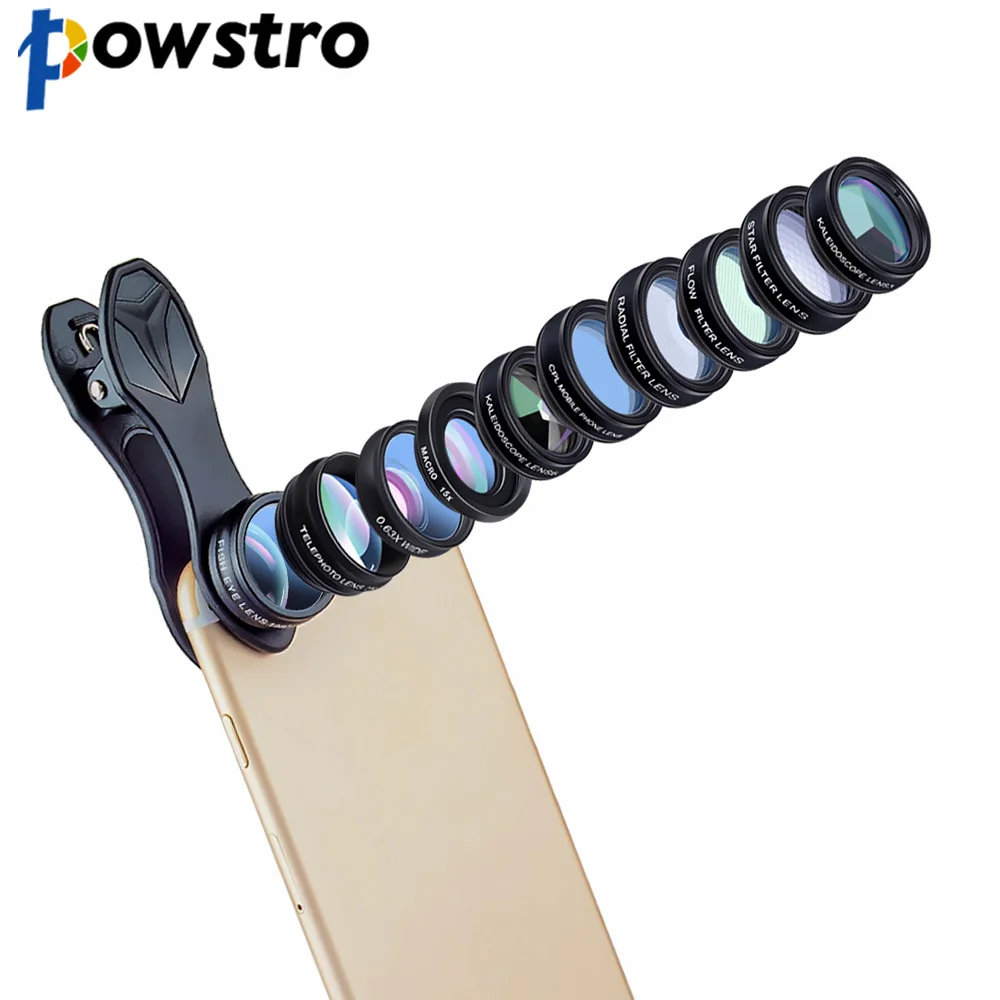 

POWSTRO 10 in 1 HD Phone camera Lens Kit Fisheye Wide Angle macro 2X telescope Lens For iphone Samsung for Xiaomi Smartphones