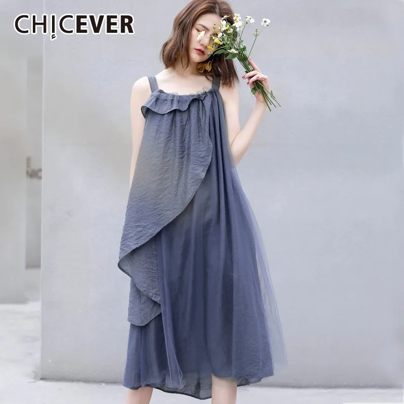 CHICEVER Spring Casual Patchwork Mesh Irregular Ruffles Dress For Women O Neck Spaghetti Strap Loose Oversize A-line Dresses New | Женская