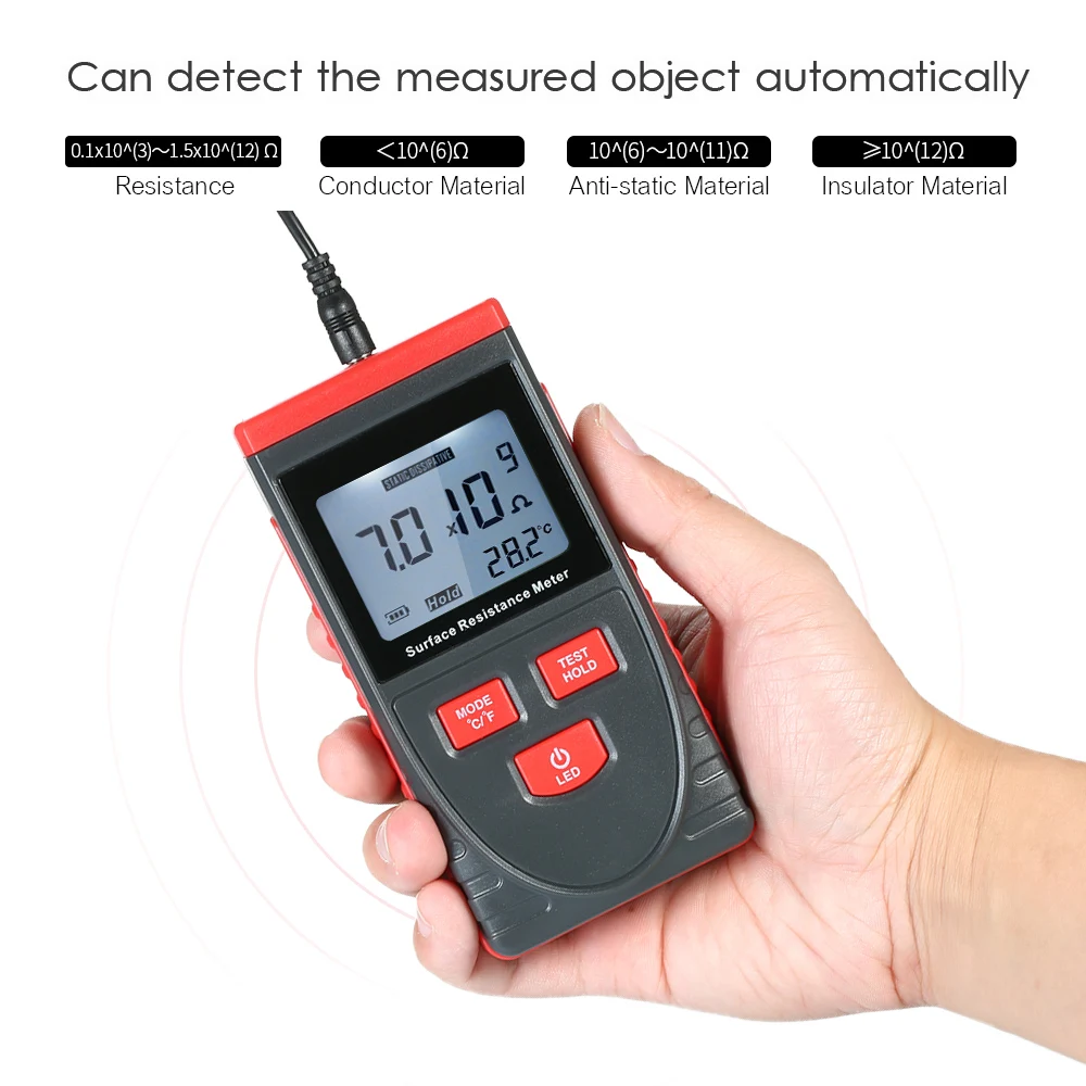 

Handheld Surface Resistance Meter Anti-static Insulation Resistance Tester Temperature Measurement and Data Holding Function
