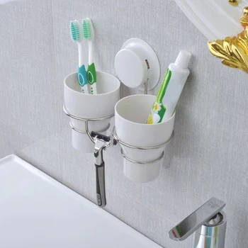 

1pc Cup Holder Suction Wall Mounted Creative Stainless Steel Tumbler Rack Cup Holder Organizer for Bathroom Toothbrush Hotel