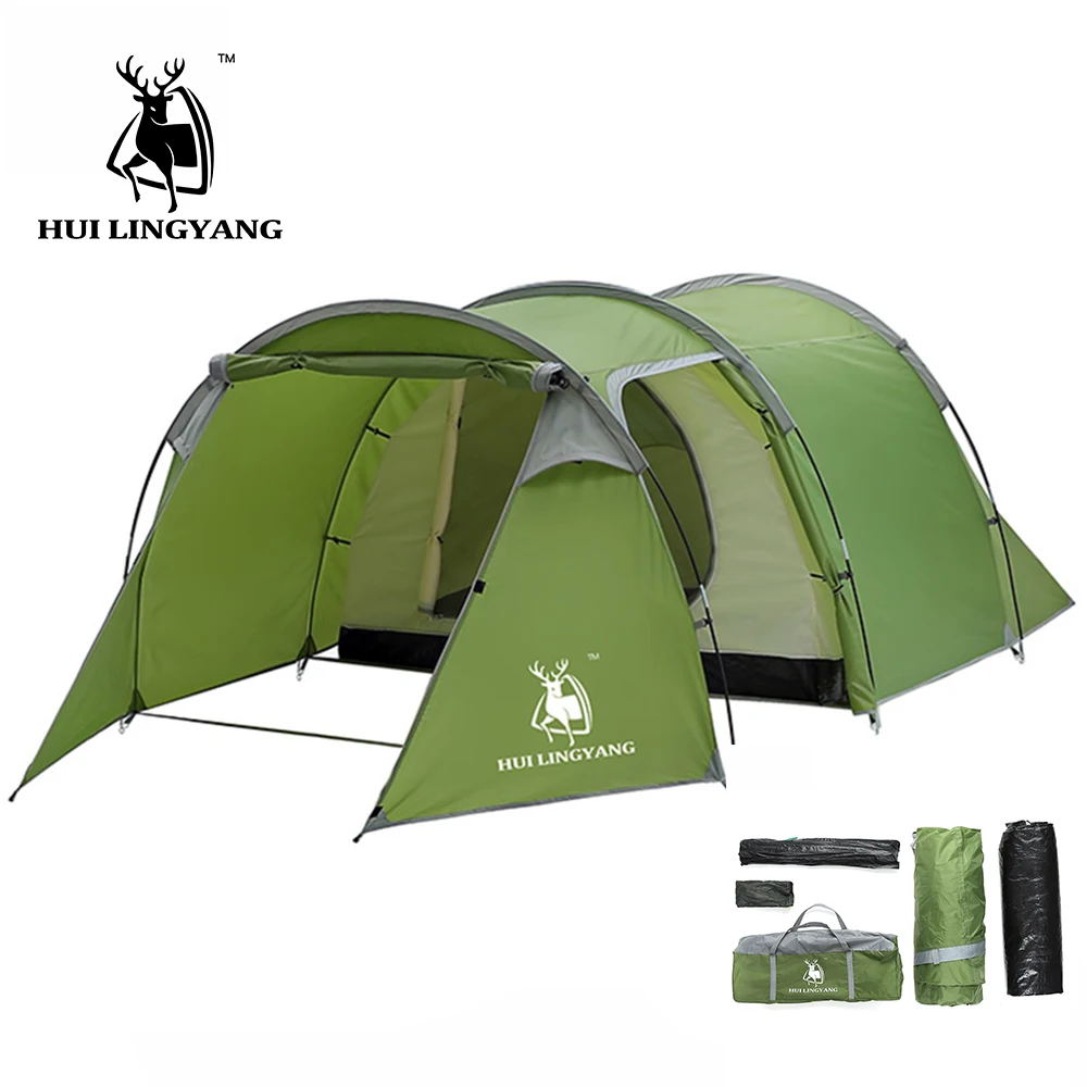 

HUILINGYANGOutdoor Camping Tent One-Room One-Bedroom Double-Layer 2500 Waterproof Rainproof Tunnel Large Family Tent 2-4 People