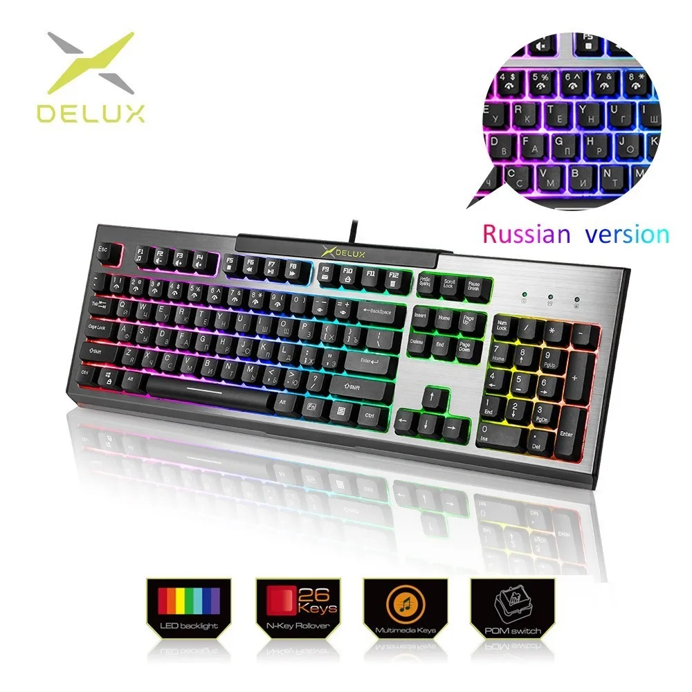 Продажа Delux KM9036, русская версия, игровые клавиатуры, 104 клавиш, 7 цветов, подсветка, стандартная клавиатура, механическое ощущение для геймеров, ПК, но...