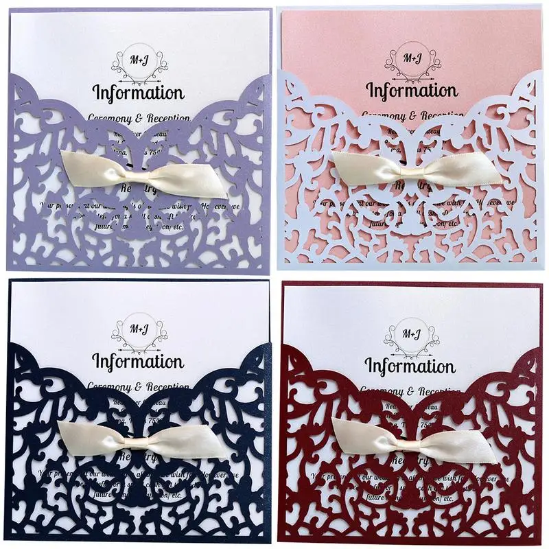  10PCS European style Laser Cut Flower with Bowknot Wedding Invitations Cards Lace Pocket Greeting C - 33004793162