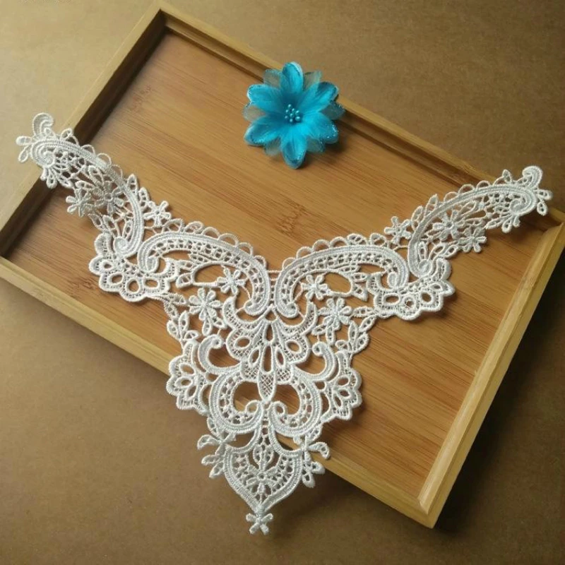 

European Water Bath Embroidery Tulle Lace Flower Stick White Collar Applique Wedding Dress Sexy Deep V-neck DIY Accessories