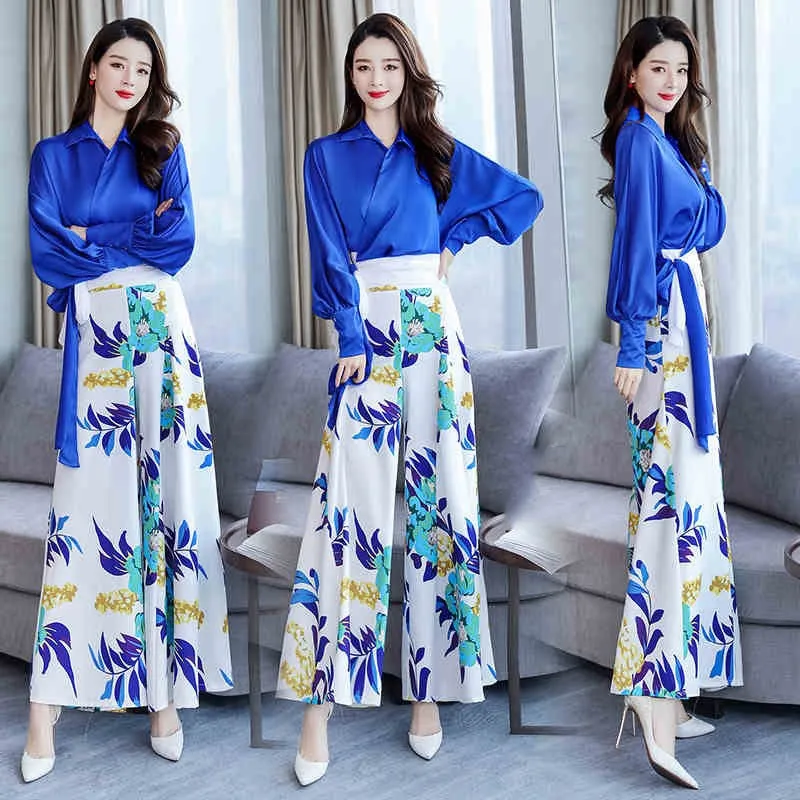 

Women Korean Outfits Sexy Two Piece Sets Floral Print Wide Leg Long Pants Jumpsuits Casual Top Shirts Suits Sets