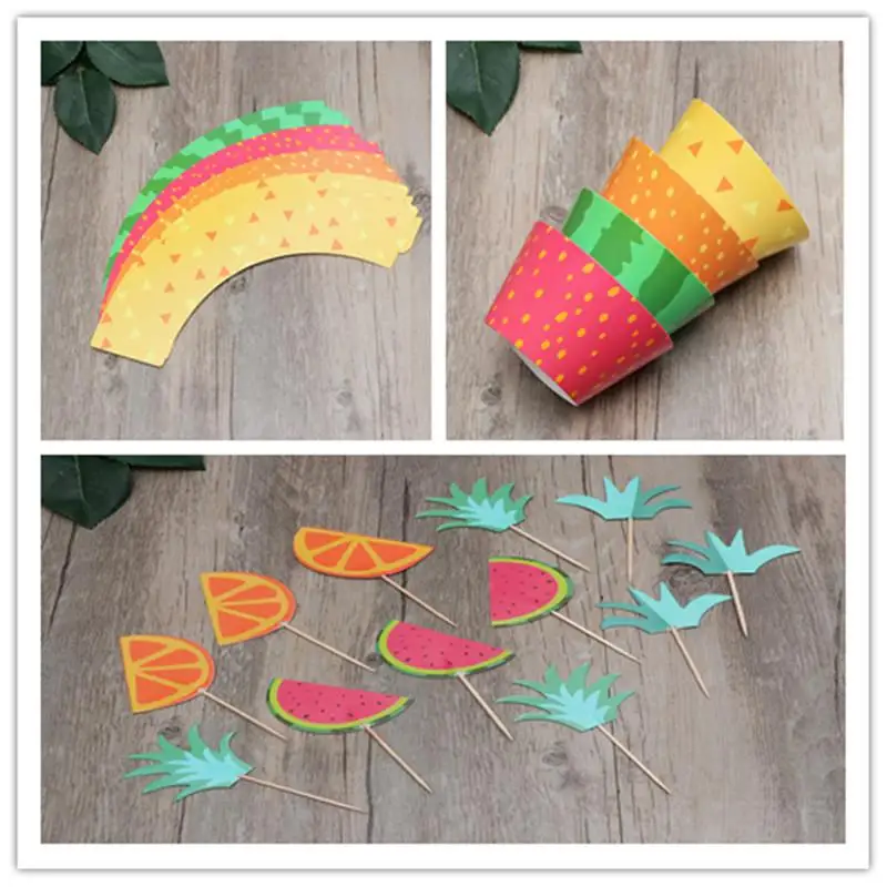 24pcs Hawaii Cupcake Toppper Watermelon Pineapple Shape with Wrappers Decorative Toppers Party Cake Decoration