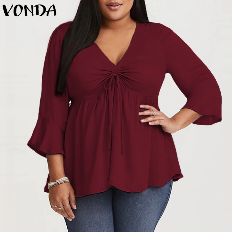 

VONDA Women Blouse Shirts 2020 Autumn Casual Sexy V Neck High Waist Blusas Pregnant Ruffle 3/4 Sleeve Maternity Tops Plus Size