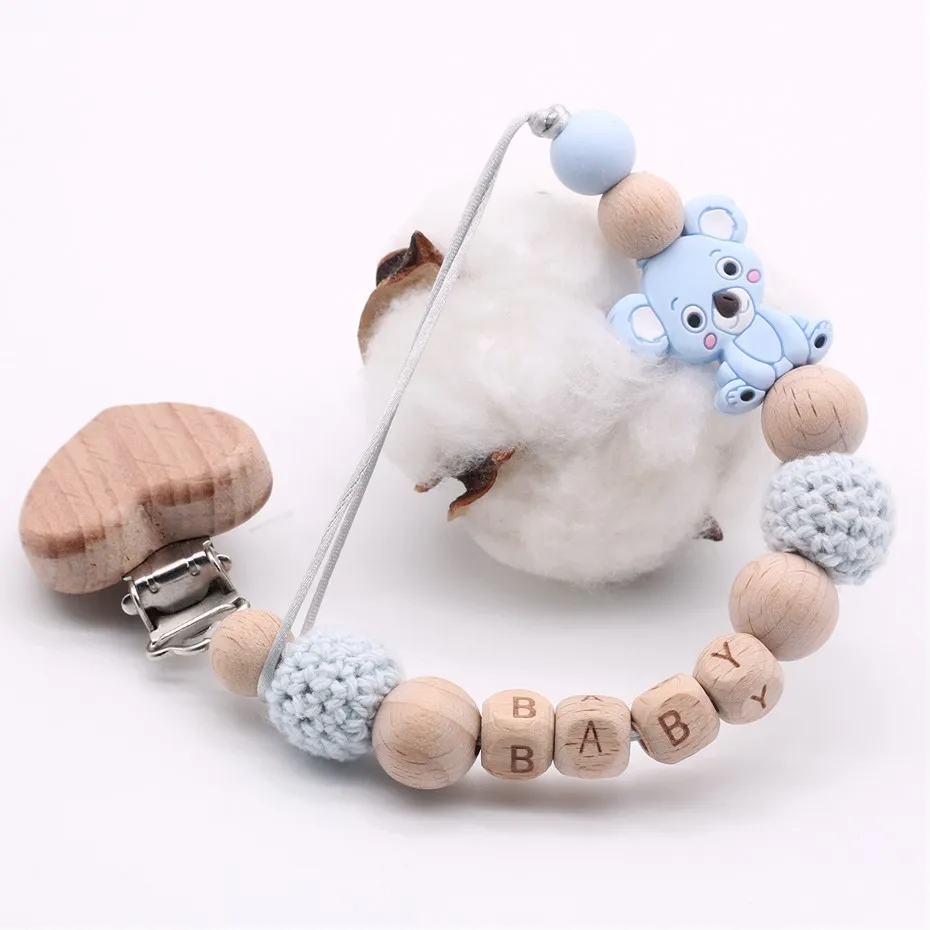 New Wood Baby Pacifier Clip Personalised Name Pacifier Chain Teething Soother Chew Toy Dummy Clips Holder Infant Nipple Silicone