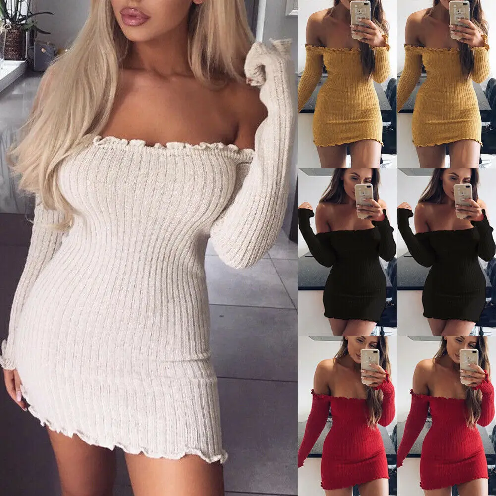 

Fashion Women Knitwear Bodycon Casual Long Sleeve Dress Off Shoulder Evening Party Club Mini Dress