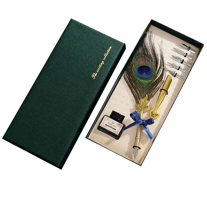 

English Calligraphy Feather Dip Quill Pen Writing Ink Set Stationery Gift Box with 5 Nibs