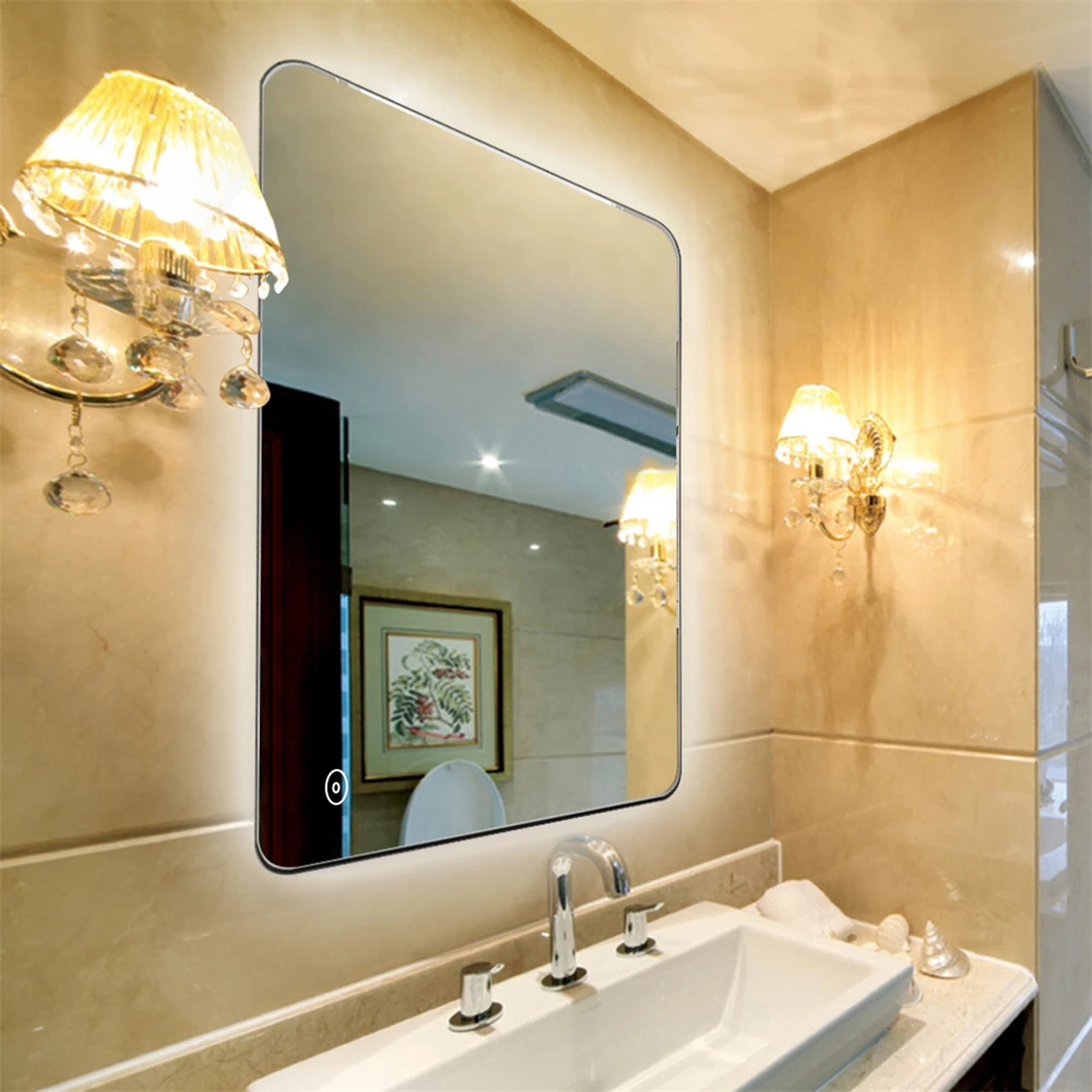 الماكياج LED مرآة الحمام مستحضرات التجميل مرآة اللمس باهتة المرآة البالونية المعادن فرملس الحائط للحمام مرآة الغرفة HWC
