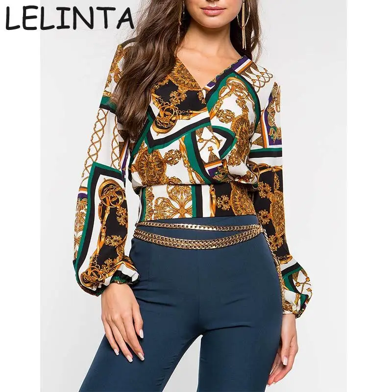 

LELINTA Women's print v-neck loose blouse shirt Women summer long sleeve short shirt top Female eleglant casual chiffon blouses