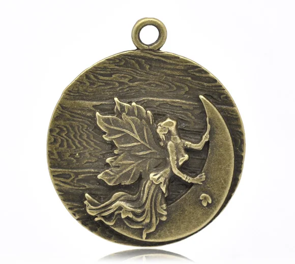 

5 Bronze Tone Angel Moon Charms Round Pendants 44mm (B14786)