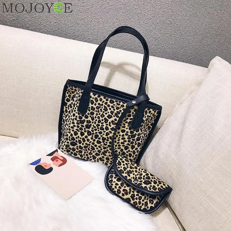 

2 Pcs/Set Plush big bag female 2018 new tide leopard print zipper shoulder bagslarge-capacity tote shopping Hand bags handbag