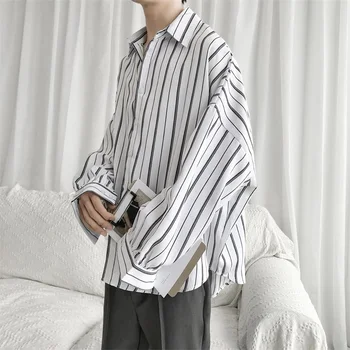 

Spring New Dress Shirt Men Fashion Striped Business Casual Shirt Man Streetwear Trend Wild Hip Hop Loose Long-sleeved Shirt