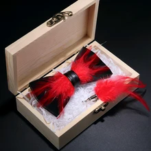 JEMYGINS Original Italy Design Wedding Red Natural Bird Feather Bow tie Handmade Leather Bowtie Brooch Wooden Box Party Set