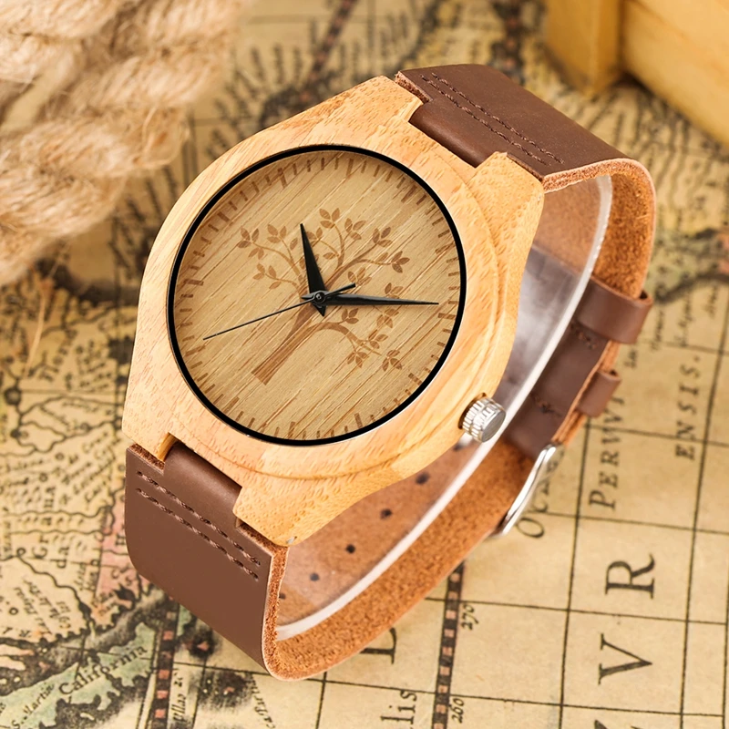 

Men's Watches Handmade Engraved a Tree on Dial Quartz Wooden Watch Retro Leather Man Clock Top Brand Luxury relogio de Madeira