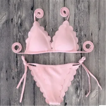 

Bikini 2019 New Women Push Up Beach Crane Print Bikini Set For Women Lotus Leaf Swimsuit Sexy Plain Color Swimwear Bathing Suits