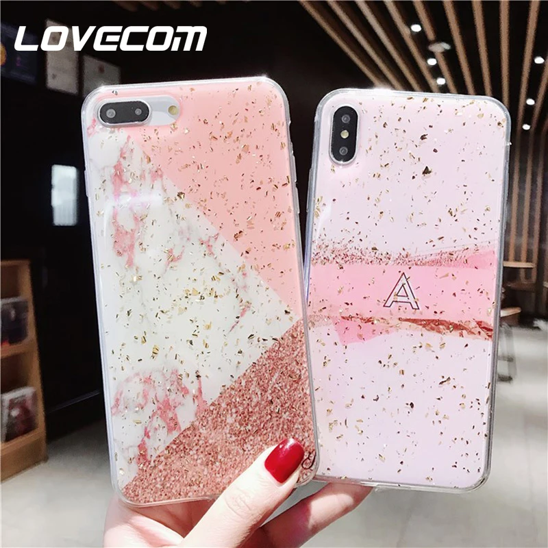 

LOVECOM Luxury Mosaic Bling Marble Platinum Soft Phone Case For iphone XS Max XR X 6 7 8 Plus Gold Powder Epoxy Silicone Cover