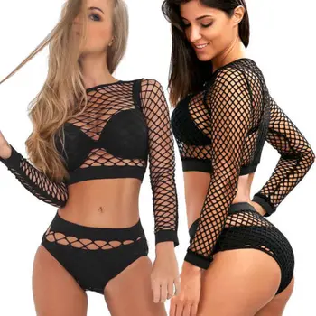 

2019 New Sexy Women Mesh Black Cover up Crop Summer Pullover Tops+Pants