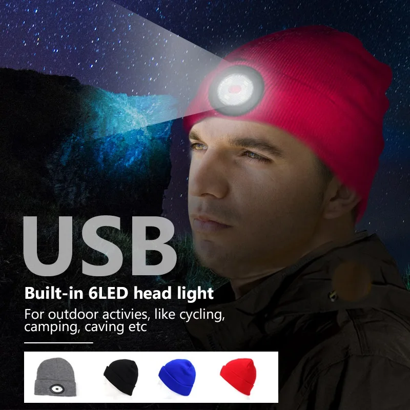 Kopen 6 LED Koplamp Beanie Cap Oplaadbare Verlichte Hoed Met LED Head Light Zaklamp Voor Outdoor Avond Sport Vissen Camping