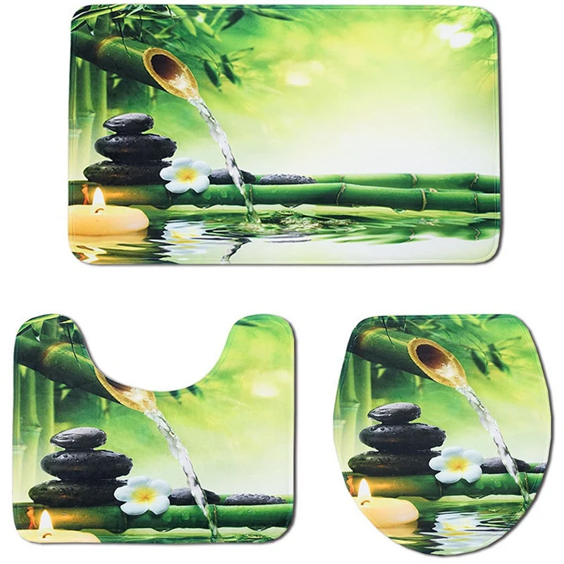 

3Pcs/Set Bamboo Print Non Slip Toilet Bathroom Pad Floor Mat Rug Carpet Absorbent Pedestal Rug Lid Toilet Cover Bath Mat