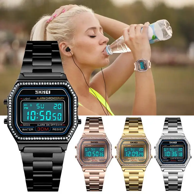 

Fashionable Multi-Function Watch Waterproof Rhinestone Electronic Watch Female Alarm Clock Time Style