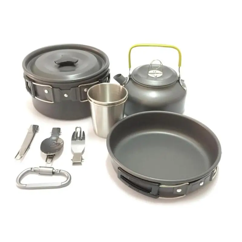 9 piezas portátil al aire libre Camping utensilios de cocina conjunto de senderismo Picnic tetera olla de mosquetón de utensilios de cocina de viaje al aire libre vajilla herramienta de cocina