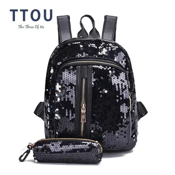 

TTOU Women Fashion Panelled Color Backpack Sequins School Bag Set Travel Zipper Backpack Shoulder Bag