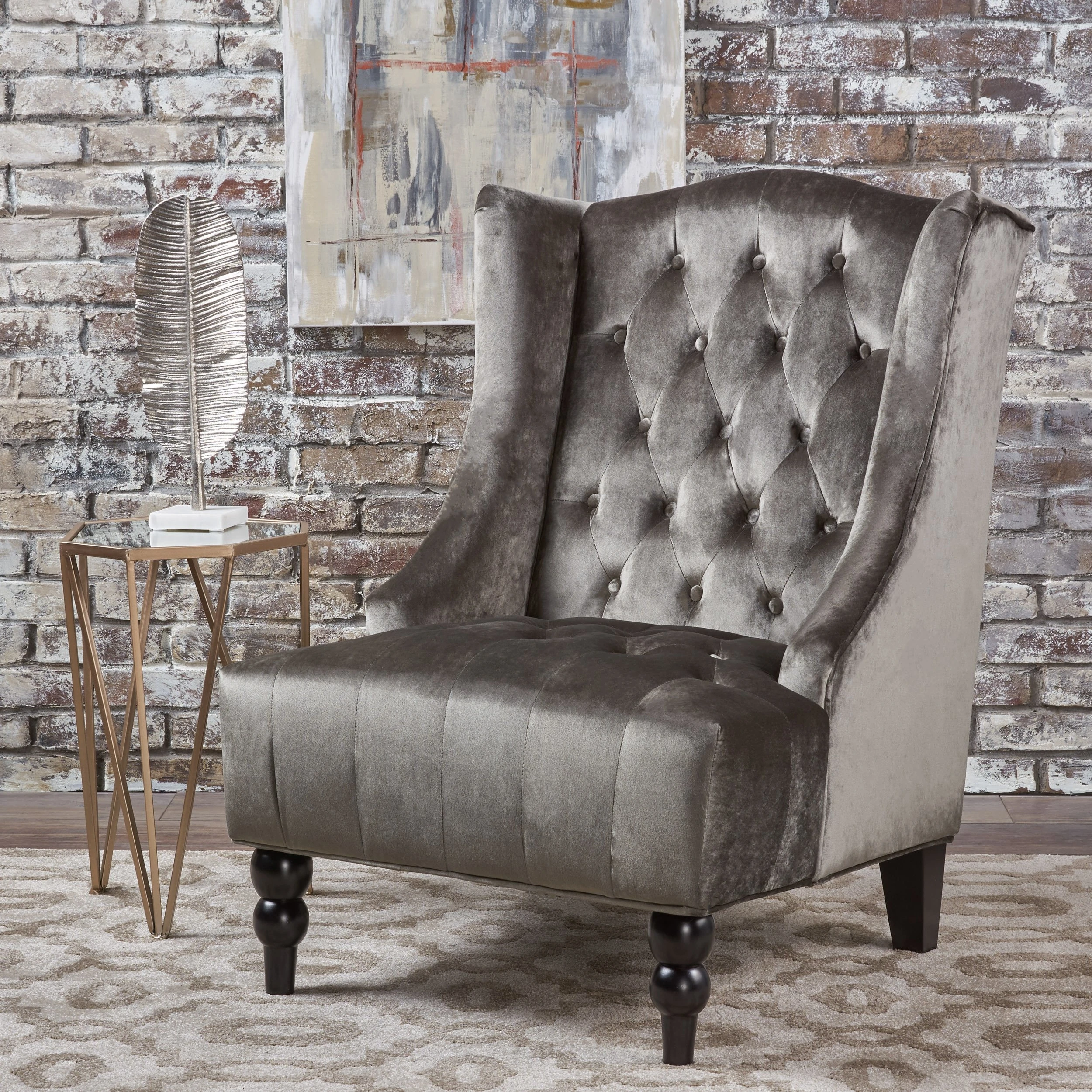 Talisa Winged High Back Tufted New Velvet Club Chair In Living Room