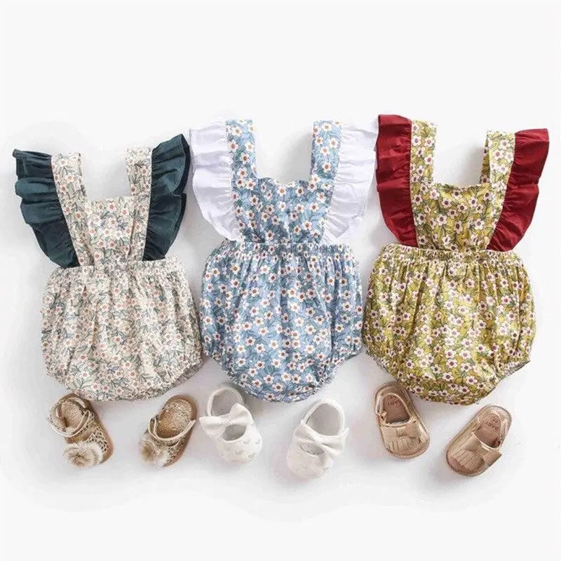 

Newborn Baby Girls Cute Summer Romper Short Ruffles Sleeve Flowers Print Backless Jumpsuits Clothes 3 Colors