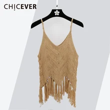 CHICEVER весна лето Вязанная женская майка Сексуальная Спагетти ремень кисточка Полые Короткие топы одежда мода Корейский