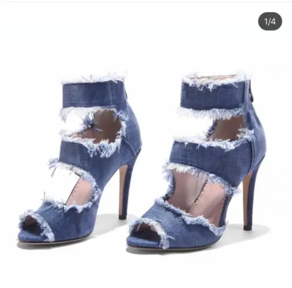 

Hot Blue Women Denim Mid-calf Boots Fashion Stiletto Heels Pumps Lace Cowboy Peep Toe High Heels Shoes Jean Free Shipping