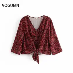 VOGUEIN новые женские с принтом леопарда узел Красный v-образный вырез короткая блузка рубашка Топ оптовая продажа